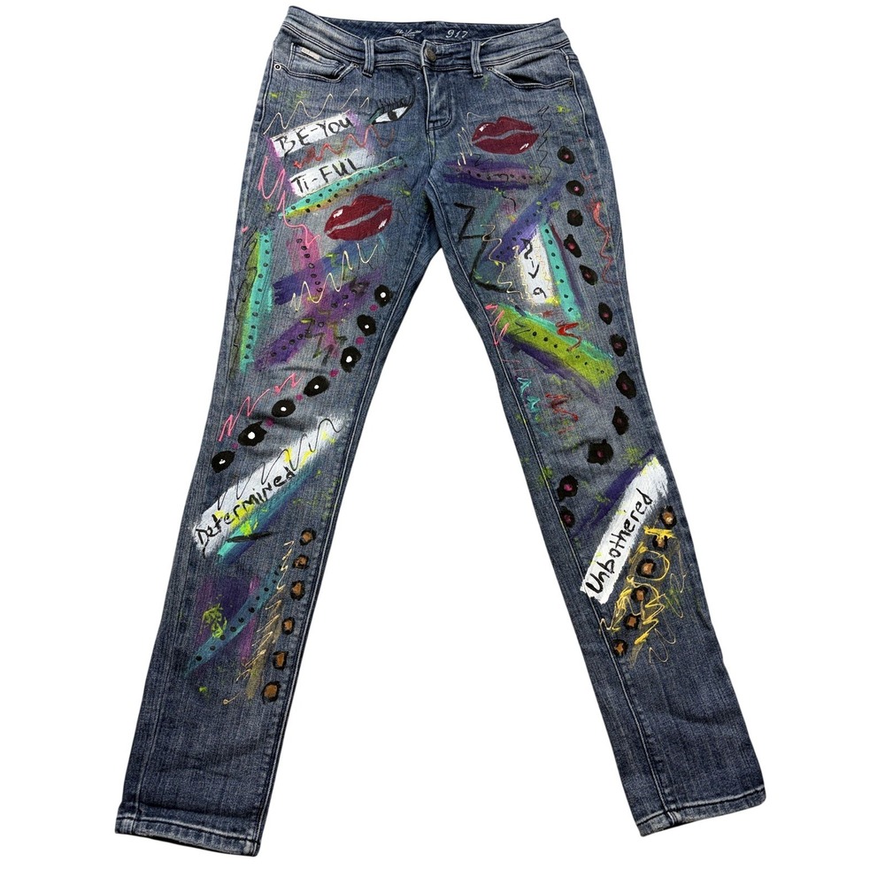 The Limited 917 Skinny Jeans Womens 31x30.5 Blue Hand Painted Art Studded Denim